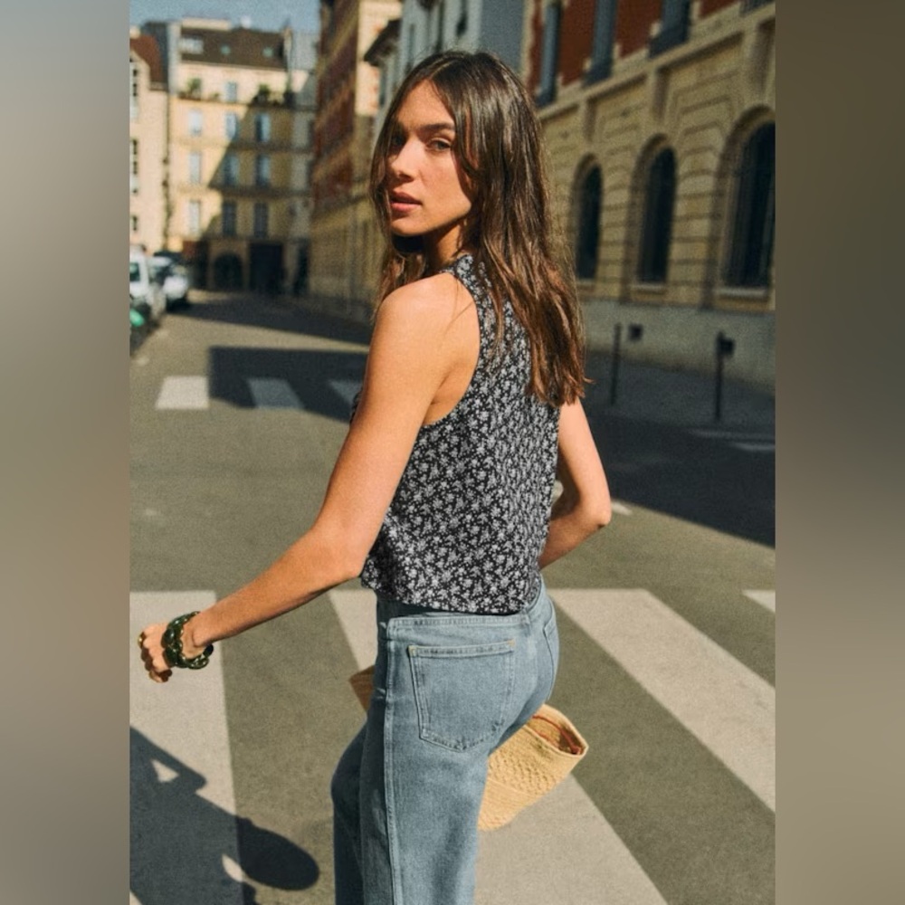 NWT Sézane Loriane Navy Floral Cropped Tank Top Size S - Picture 3 of 6